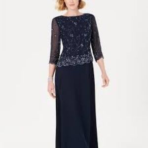 J Kara Beaded Overlay Gown - size 12 Navy
